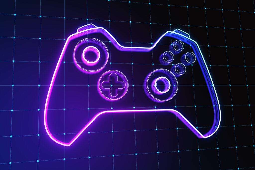 creative-joystick-gamepad-hologram-blurry-purple-grid-background-esport-gaming-fun-concept-3d-rendering