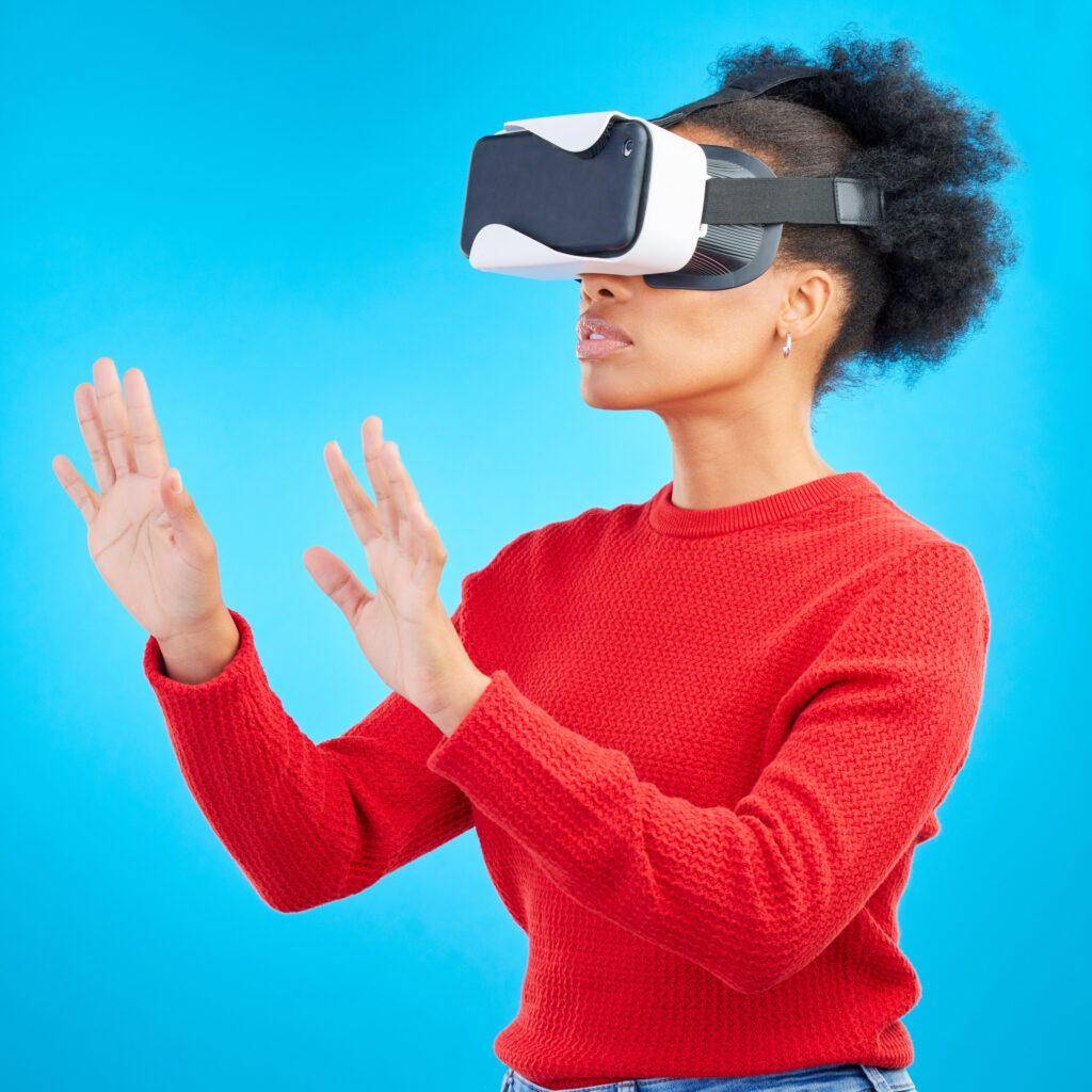 vr-metaverse-digital-glasses-with-woman-video-gaming-augmented-reality-studio-female-person-blue-background-with-future-technology-online-web-user-with-3d-virtual-network